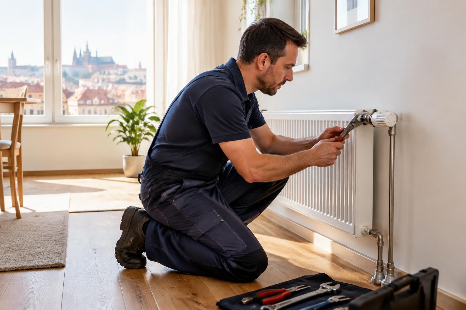 Topenář pracuje na ventilu radiátoru v pražském bytě